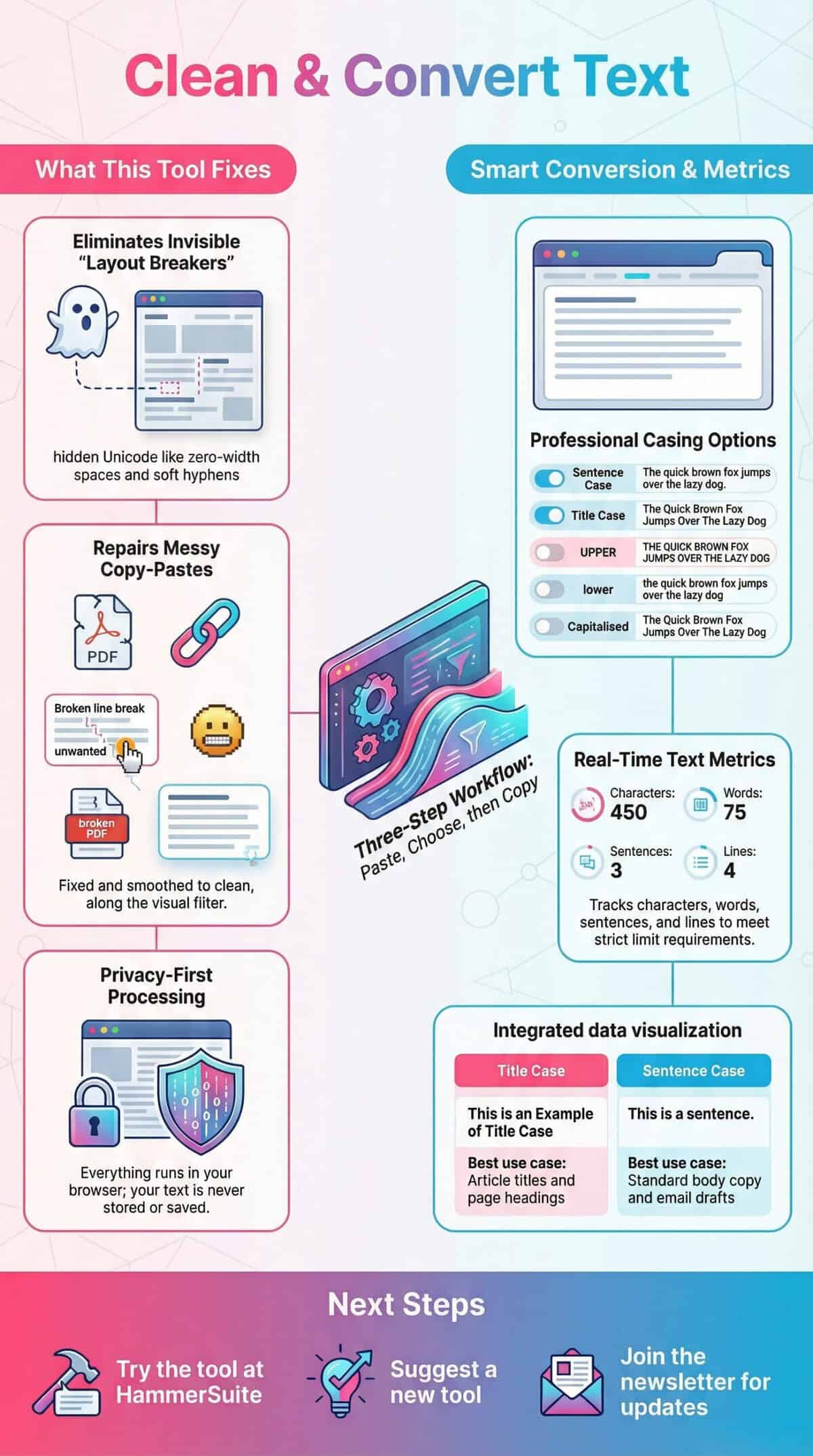 Showing Clean and Convert Text infographic with features, casing options, privacy processing, and real time text metrics